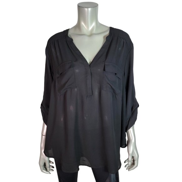 Torrid Harper Blouse Plus Size 2X Sheer Pockets Roll‎ Tab Sleeve Casual Black - Picture 1 of 6